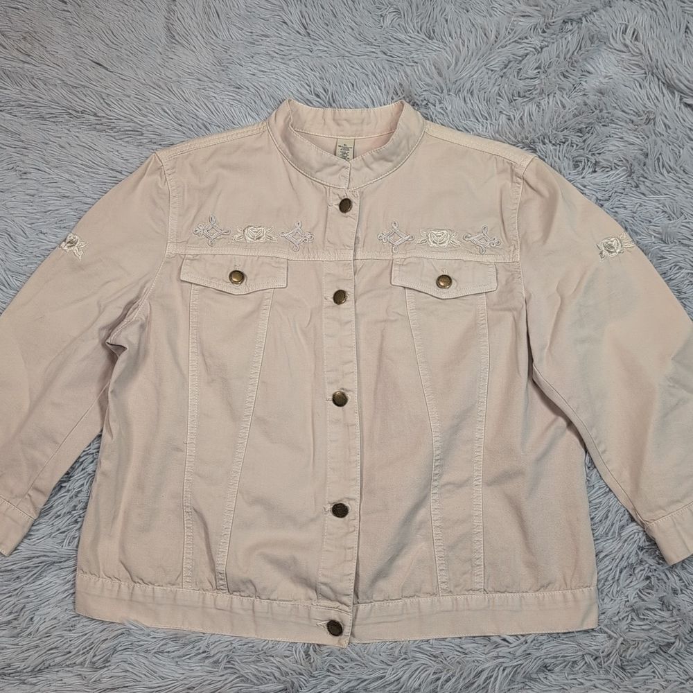 Caribbean Joe Jacket Womens XL Biege Denim Floral Embroidery Pockets Button Up